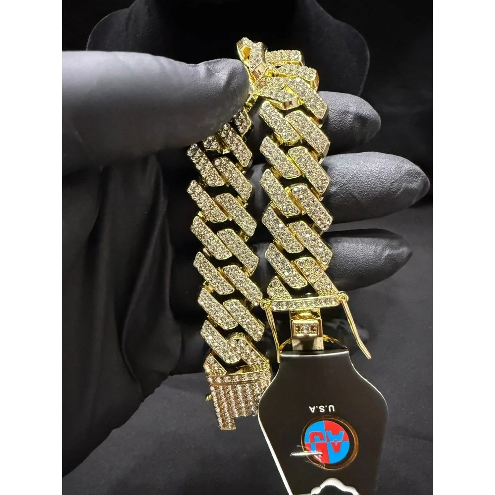 iced out gold cuban vvscz stones bracelet 7 inch 20 mm triple clasp lock